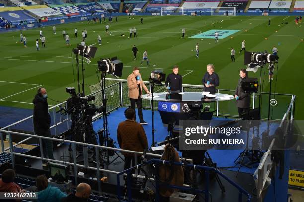 The BT Sport television studio is seen above the pitch ahead of the English Premier League football match between Leicester City and West Bromwich...