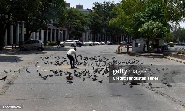 An birds lover feed Pigeons at deserted parking lot at Rajiv Chowk CP during the 3rd day of six days long lockdown to control spread of corona virus...