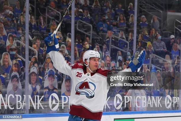 Brandon Saad of the Colorado Avalanche celebrates after scoring a goal against the St. Louis Blues in the first period at Enterprise Center on April...