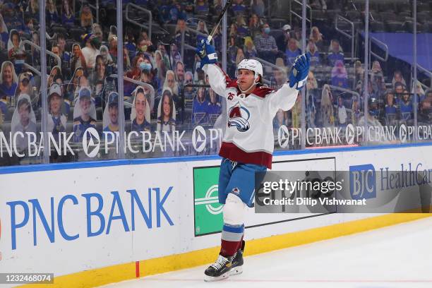 Brandon Saad of the Colorado Avalanche celebrates after scoring a goal against the St. Louis Blues in the first period at Enterprise Center on April...