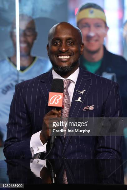 Analyst Brevin Knight smiles before the game against the Utah Jazz on March 31, 2021 at FedExForum in Memphis, Tennessee. NOTE TO USER: User...