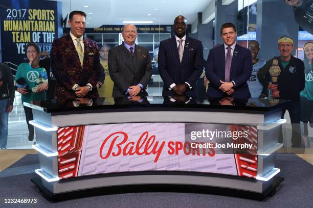 Bally Sports Southeast broadcasters Rob Fischer, Brevin Knight, Pete Pranica, and Chris Vernon pose before the game against the Utah Jazz on March...