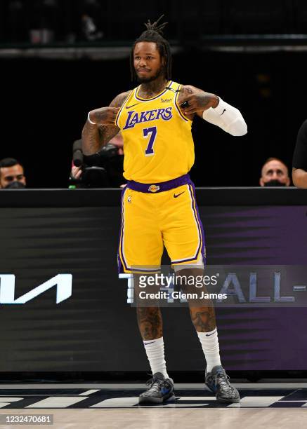Ben McLemore of the Los Angeles Lakers looks on during the game against the Dallas Mavericks on April 22, 2021 at the American Airlines Center in...