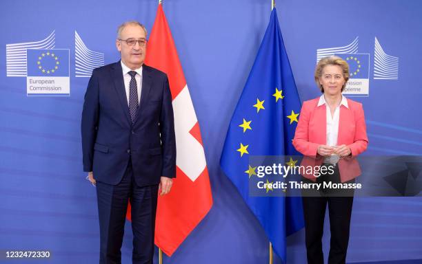 Swiss President Guy Parmelin is welcome by the EU Commission President Ursula von der Leyen prior to a bilateral meeting in the Berlaymont, the EU...