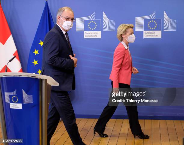 Swiss President Guy Parmelin is welcome by the EU Commission President Ursula von der Leyen prior to a bilateral meeting in the Berlaymont, the EU...