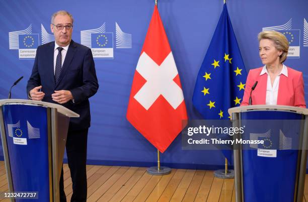 Swiss President Guy Parmelin and the EU Commission President Ursula von der Leyen make a declaration to media prior to a bilateral meeting in the...