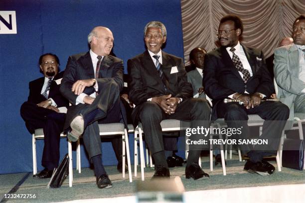 State President of South Africa Frederik Willem de Klerk , African National Congress president Nelson Mandela and president of the Inkatha Freedom...