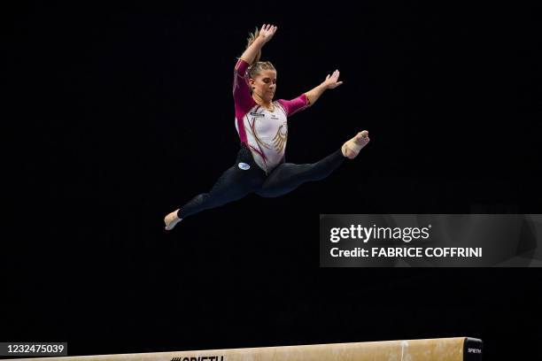 Germany's Elisabeth Seitz competes in the beam competition during the Women's all-around final of the 2021 European Artistic Gymnastics Championships...