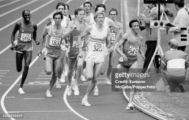 Steve Cram representing Great Britain and Said Aouita representing Morocco lead the men's 1500 metres final during the 1983 IAAF World Athletics...