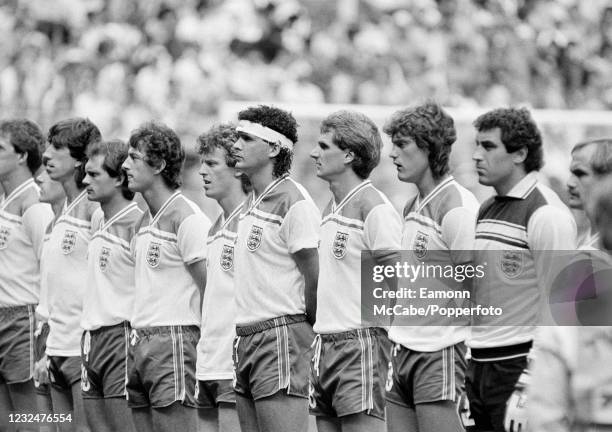 England line up for the national anthems before the 1982 FIFA World Cup Group 4 match between England and Kuwait at San Mames Stadium on June 25,...
