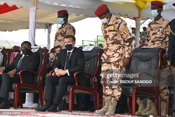 Togolese President Faure Gnassingbe , French President Emmanuel Macron and the son of the late Chadian president Idriss Deby, general Mahamat Idriss...