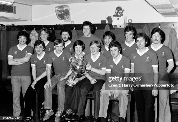 Liverpool reserves line up for a group photo in the dressing room at Anfield in Liverpool, England, circa April 1980. Back row : Alan Harper, Alex...