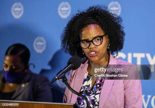 Boston, MA Mayor Kim Janey speaks during a press conference in response to the conviction of Derek Chauvin for the murder of George Floyd in Boston...