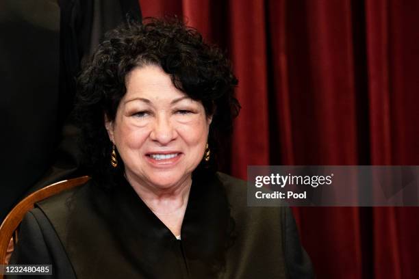 Associate Justice Sonia Sotomayor sits during a group photo of the Justices at the Supreme Court in Washington, DC on April 23, 2021.