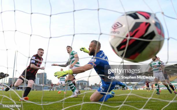 Dublin , Ireland - 23 April 2021; Ross Tierney of Bohemians heads to score his side's first goal during the SSE Airtricity League Premier Division...