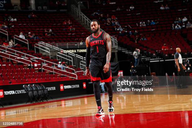 John Wall of the Houston Rockets walks on during the game against the Los Angeles Clippers on April 23, 2021 at the Toyota Center in Houston, Texas....