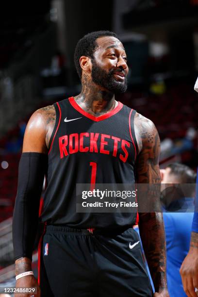 John Wall of the Houston Rockets looks on during the game against the Los Angeles Clippers on April 23, 2021 at the Toyota Center in Houston, Texas....