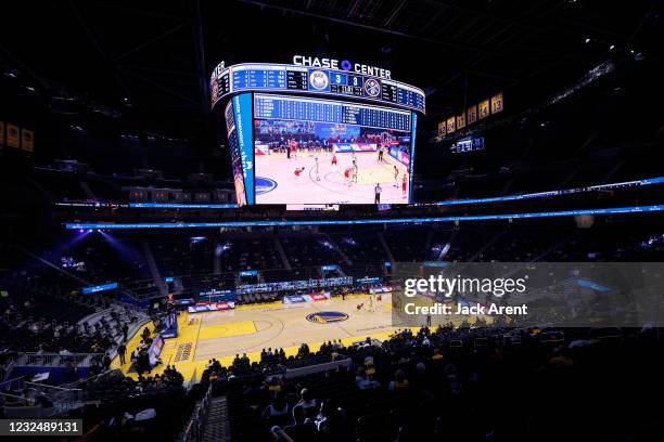 The Jumbotron during the Golden State Warriors and Denver Nuggets game on April 23, 2021 at Chase Center in San Francisco, California. NOTE TO USER:...