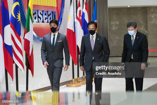 Prime Minister of Darussalam Brunei Sultan Hassanal Bolkiah arrives at the ASEAN secretariat to attend the ASEAN Summit on the Myanmar crisis in...