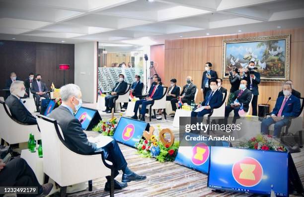 Leaders of ASEAN countries attend a meeting to discuss the Myanmar crisis, at the ASEAN Secretariat Building, Jakarta on April 24, 2021.