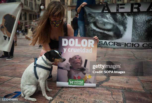 Protester seen with her dog and a placard expressing her opinion during the demonstration. Several animal rights activists have organized a protest...