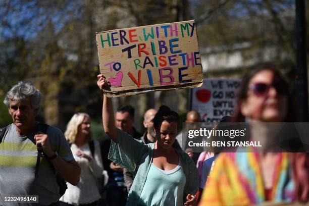 Demonstrators take part in an anti-lockdown, anti-Covid-19 vaccination passport, 'Unite for Freedom' protest in central London on April 24, 2021.
