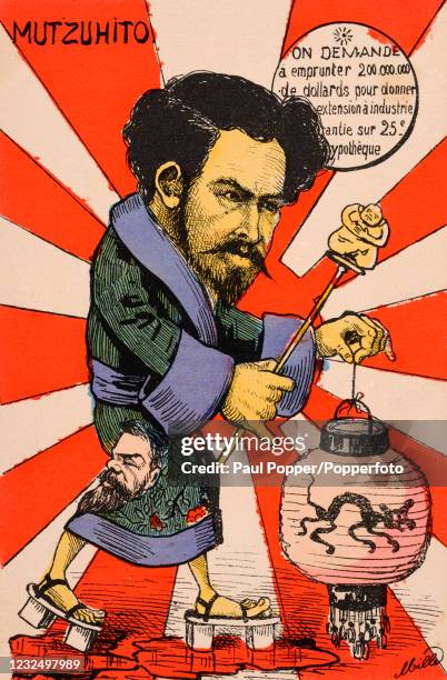 Vintage political postcard illustration featuring a caricature of Emperor Meiji or Mutzuhito of Japan holding his sceptre of office and a Japanese...