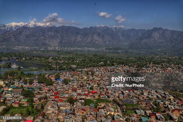 Aerial view of Srinagar City, Srinagar Jammu and Kashmir, India on 24 April 2021. Tourism in Kashmir started off on a promising note at the start of...