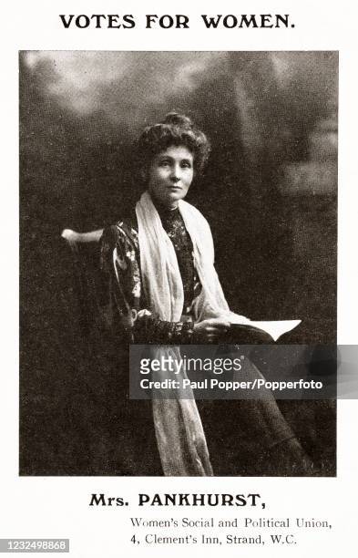 Vintage postcard featuring Mrs Emmeline Pankhurst of the Women's Social and Political Union, a prominent British suffragette, circa 1912.