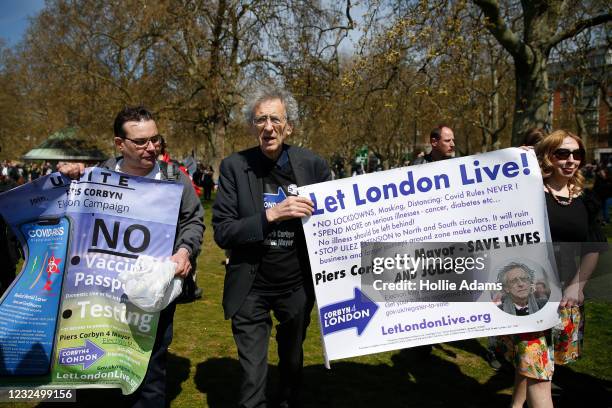 Piers Corbyn attends a "Unite For Freedom" anti-lockdown demonstration, held to protest against the use of vaccine passports in the United Kingdom,...