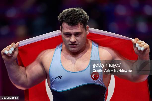 Riza Kayaalp from Turkey celebrates victory and gold medal at Final Greco-Roman Wrestling 87 kg weight during 2021 Senior European Championships...