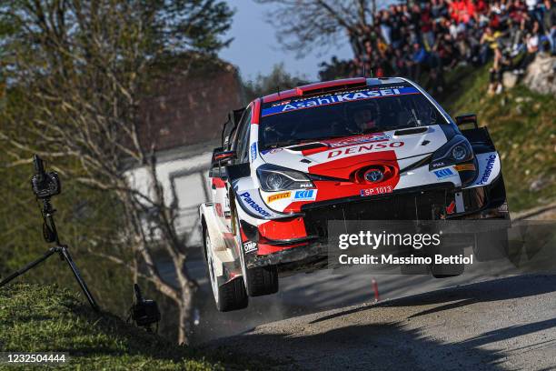 Elfyn Evans of Great Britain and Scott Martin of Great Britain compete with their TOYOTA GAZOO RACING WRT Toyota Yaris WRC during Day Two of the FIA...