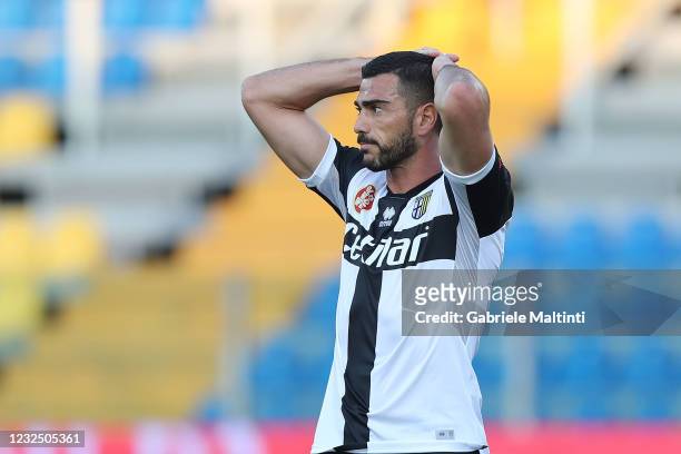 Graziano Pelle' of Parma Calcio reacts during the Serie A match between Parma Calcio and FC Crotone at Stadio Ennio Tardini on April 24, 2021 in...