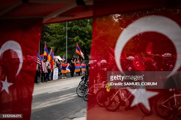 Turkish counter-protestors are kept apart from Armenian protestors to avoid confrontation in front of the Turkish Embassy on the 106th anniversary of...