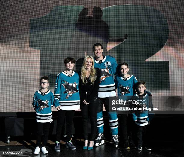 Patrick Marleau of the San Jose Sharks and his family poses as he is honored for having passed Gordie Howe on the NHLs all-time games played list...