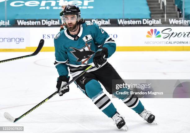 Greg Pateryn of the San Jose Sharks skates after the puck against the Minnesota Wild at SAP Center on April 24, 2021 in San Jose, California.