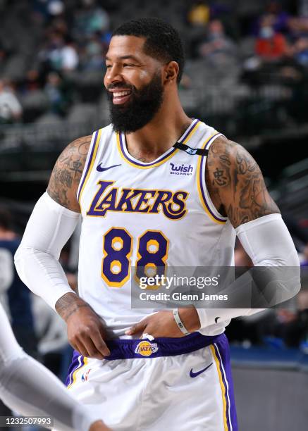 Markieff Morris of the Los Angeles Lakers smiles during the game against the Dallas Mavericks on April 24, 2021 at the American Airlines Center in...
