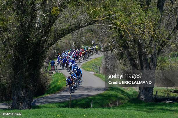 The pack of cyclists ride during the Liege-Bastogne-Liege one day cycling race, from Liege to Liege on April 25, 2021. - - Belgium OUT / Belgium OUT