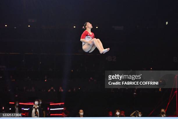 Germany's Kim Bui competes in the Women's floor apparatus final of the 2021 European Artistic Gymnastics Championships at the St Jakobshalle, in...