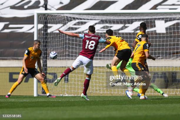 Ashley Westwood of Burnley scores their 4th goal during the Premier League match between Wolverhampton Wanderers and Burnley at Molineux on April 25,...