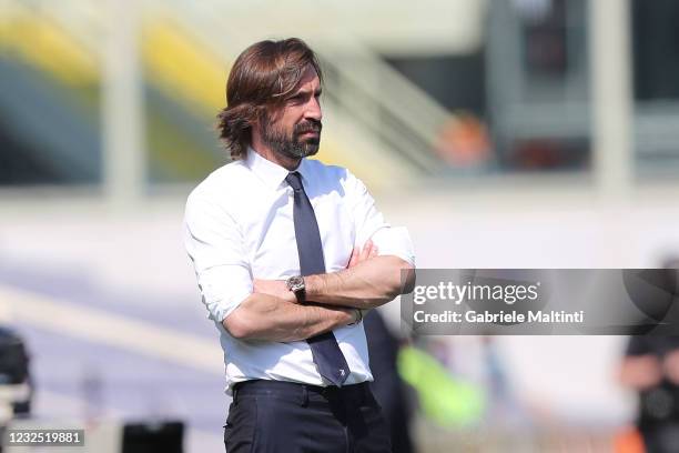 Andrea Pirlo manager of Juventus looks on during the Serie A match between ACF Fiorentina and Juventus at Stadio Artemio Franchi on April 25, 2021 in...