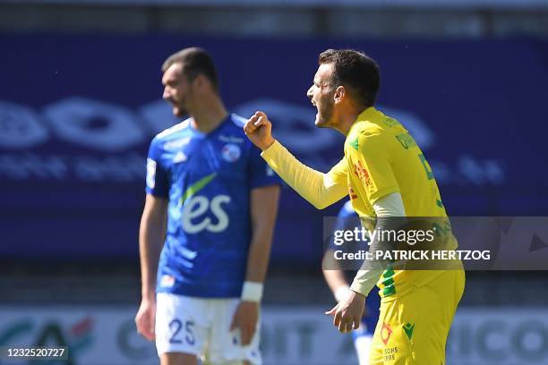 Nantes' Spanish midfielder Pedro Chirivella celebrates after scoring a goal during the French L1 football match between Strasbourg and Nantes on...