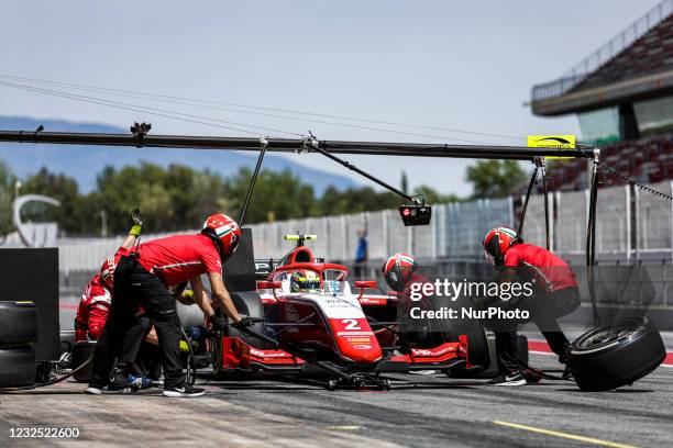 Oscar Piastri from Australia of Prema Racing, action pit stop during Day Three of FIA Formula 2 Testing at Circuit de Barcelona - Catalunya on April...