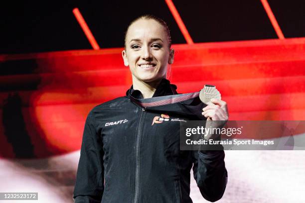 Sanne Wevers of Netherlands poses for photos with her silver medal during the Women's Artistic Gymnastics Apparatus Final at St. Jakobshalle on April...