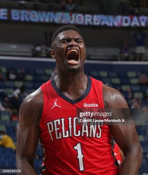 Zion Williamson of the New Orleans Pelicans celebrates during the game against the San Antonio Spurs on April 24, 2021 at the Smoothie King Center in...