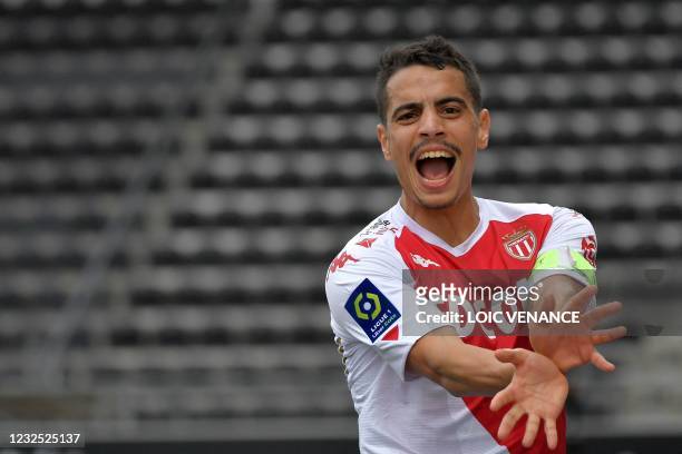 Monaco's French forward Wissam Ben Yedder celebrates after scoring a goal during the French L1 football match between SCO Angers and AS Monaco at the...