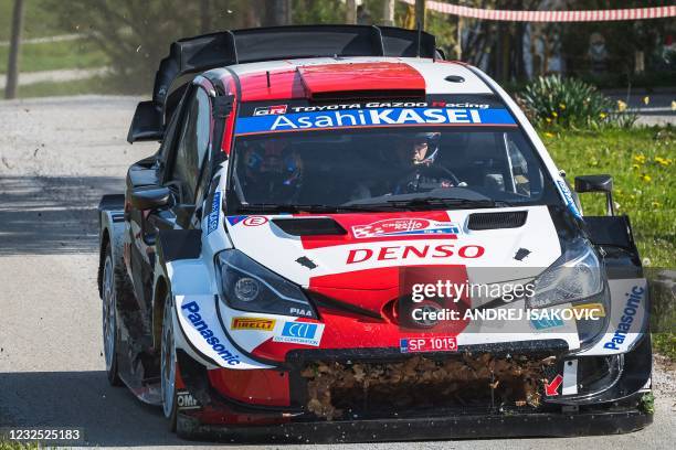 Sebastien Ogier of France and his co-driver Julien Ingrassia of France steer their Toyota Yaris WRC car during the 18th stage of the Croatia Rally,...