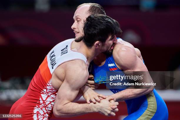 Kerem Kamal from Turkey fights with Sergey Emelin from Russia at the Final Greco-Roman Wrestling 60 kg weight during 2021 Senior European...