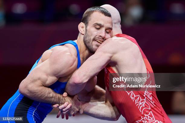 Mateusz Lucjan Bernatek from Poland fights with Mate Nemes from Serbia at Final Greco-Roman Wrestling 67 kg weight during 2021 Senior European...