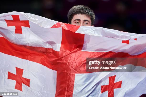 Shmagi Bolkvadze from Georgia celebrates victory and gold medal at Final Greco-Roman Wrestling 72 kg weight during 2021 Senior European Championships...